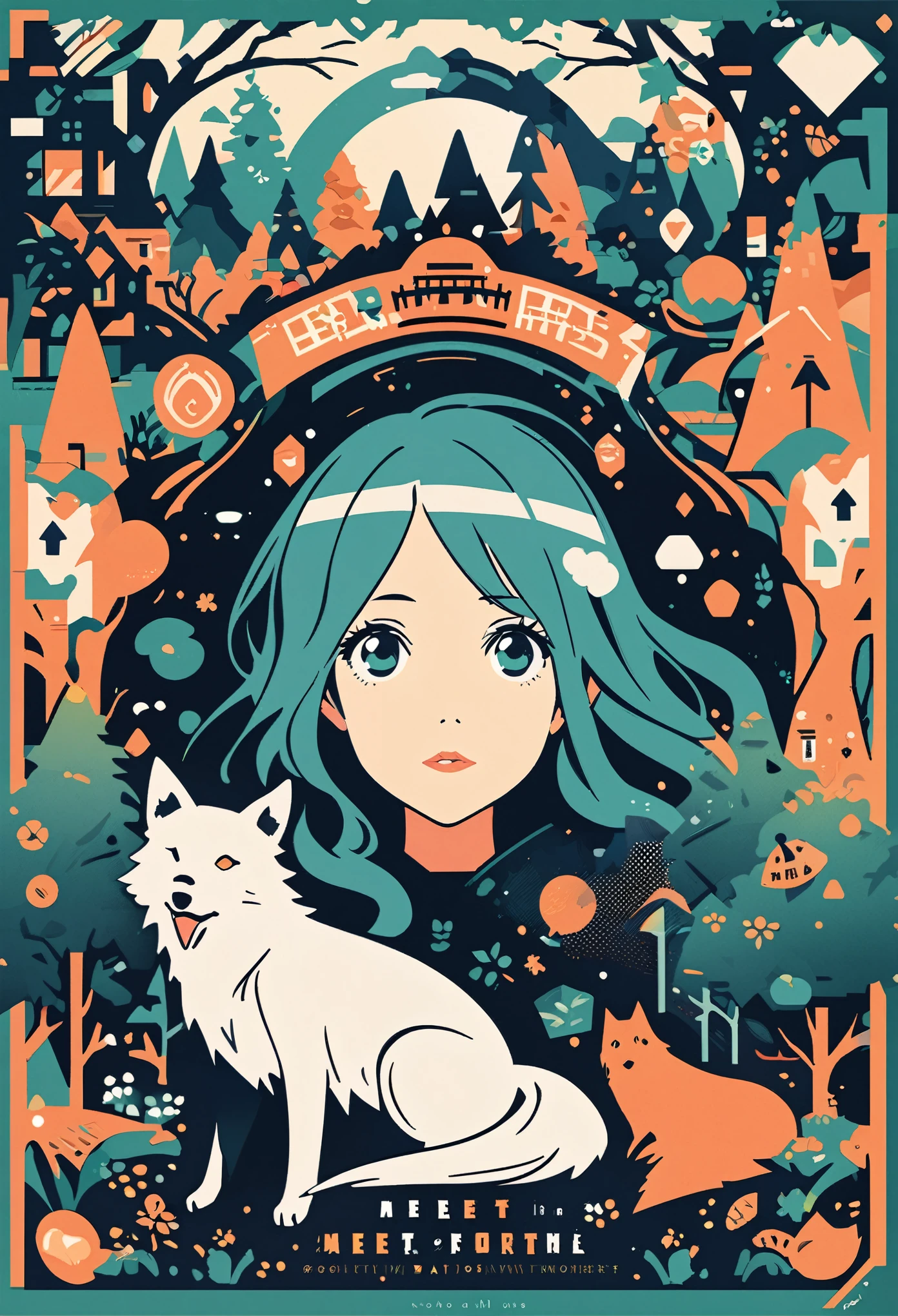 cover page, A girl and a wolf meet in the forest, flat Design, vector illustrations, graphic illustration, detailed 2d illustration, flat illustration, digital illustration, digital artwork,