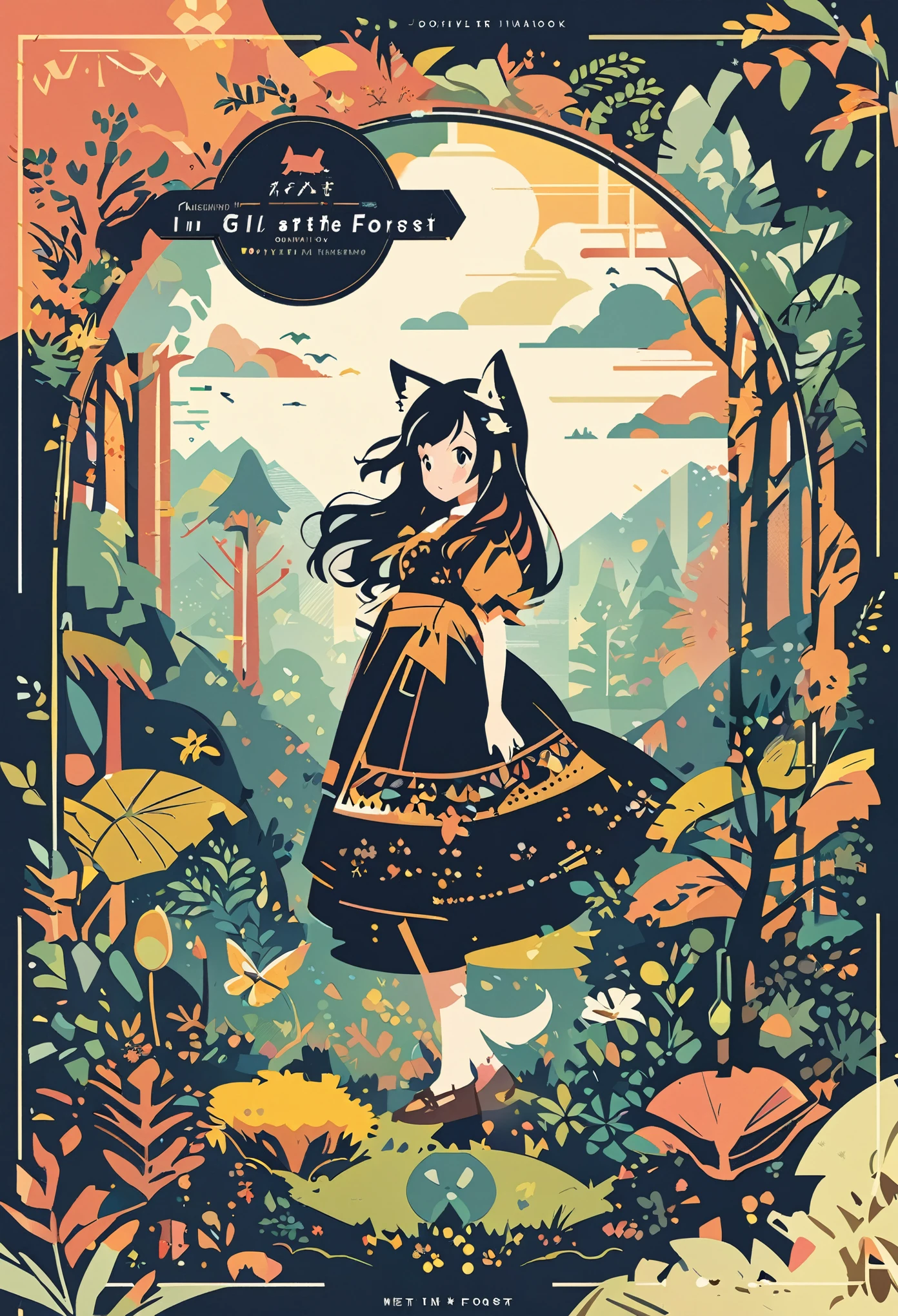 cover page, A girl and a wolf meet in the forest, flat Design, vector illustrations, graphic illustration, detailed 2d illustration, flat illustration, digital illustration, digital artwork,