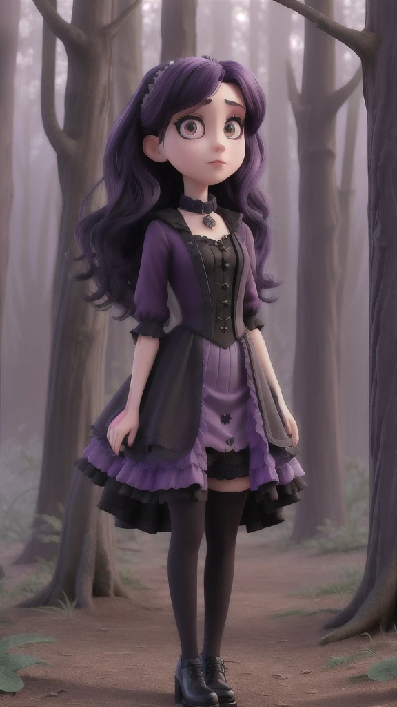 araffe dressed in a purple dress and black stockings standing in the woods, a portrait inspired by Cindy Sherman, tumblr, gothic art, pastel goth aesthetic, thighhighs and skirt, goth aesthetic, goth girl aesthetic, sensual gloomy style, witchy clothing, witchcore clothes, goth vibe, wearing skirt and high socks, pale goth beauty
