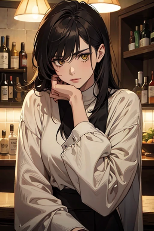 A and sharp focus, in a realistic portrait style with warm colors and soft lighting. (best quality, masterpiece: 1.2), 1 man, teenager, sexy, with black hair, yellow eyes, with red lips with a pale skin tone and dark circles having a drink in a bar, with a serious expression, dressed in clothes autumn, detailed face and sharp focus, portrait style, realistic, Photorealistic: 1.37, warm colors, soft lighting.