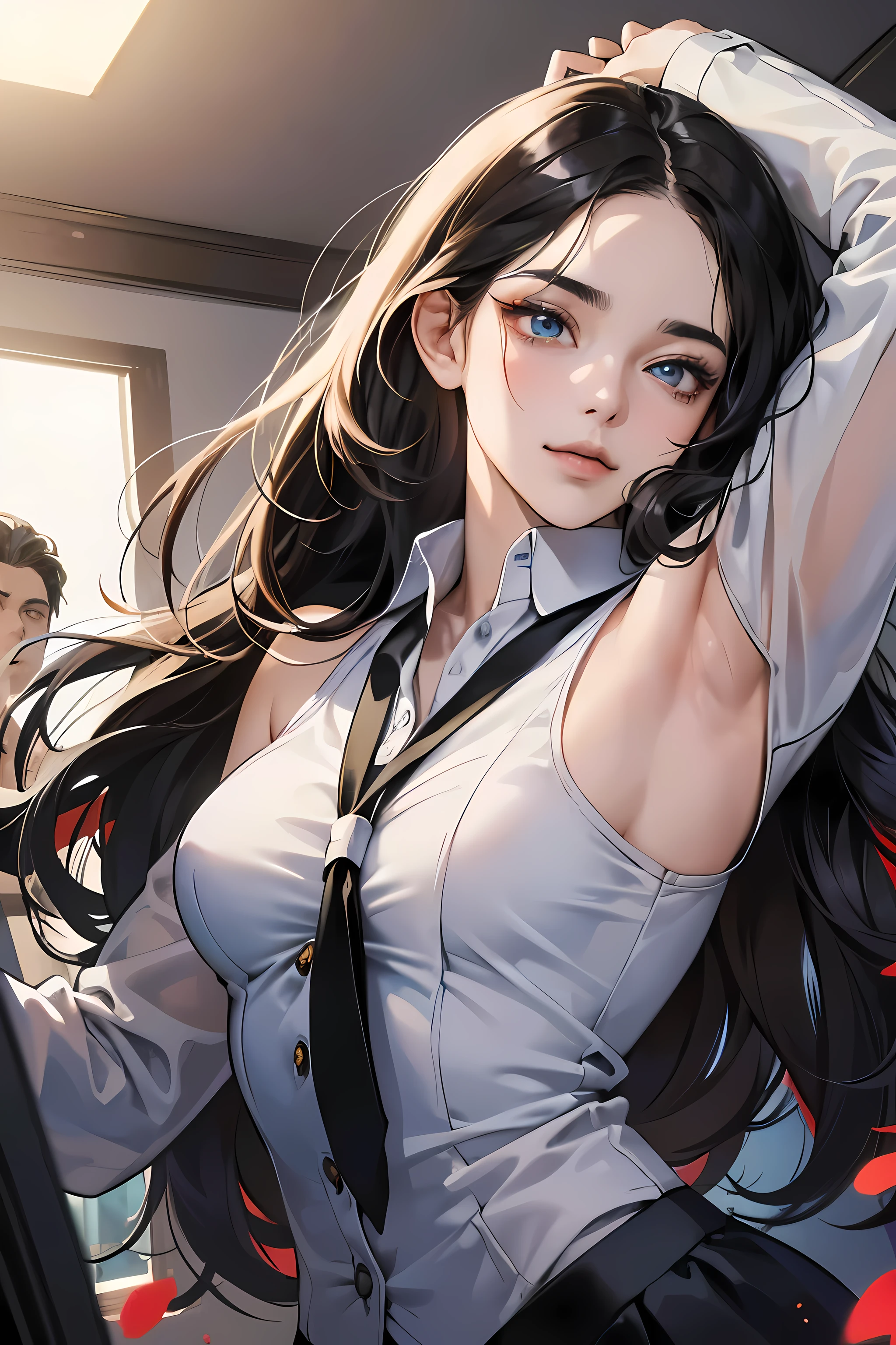 (table top, digital art, digital illustration, 4K, 8K, super detailed, beautiful images, clear image, realistic, RAW photo, perfect face, perfect lines, perfect eyes, soft lighting) 1 female, (long black hair,straight hair,Bullish gaze,beautiful woman,woman wearing a suit,solid makeup,23 year old female,small breasts:1.3),secretary, Two handsome men in suits, (human,Men in suits,muscular,Firm shoulder width,adult male,boyish hairstyle,british gentleman's style,A man in his 30s with a cool expression,28-year-old man with bright smile:1.2),Bright Western-style room、white wall、men and women dancing pop dance、