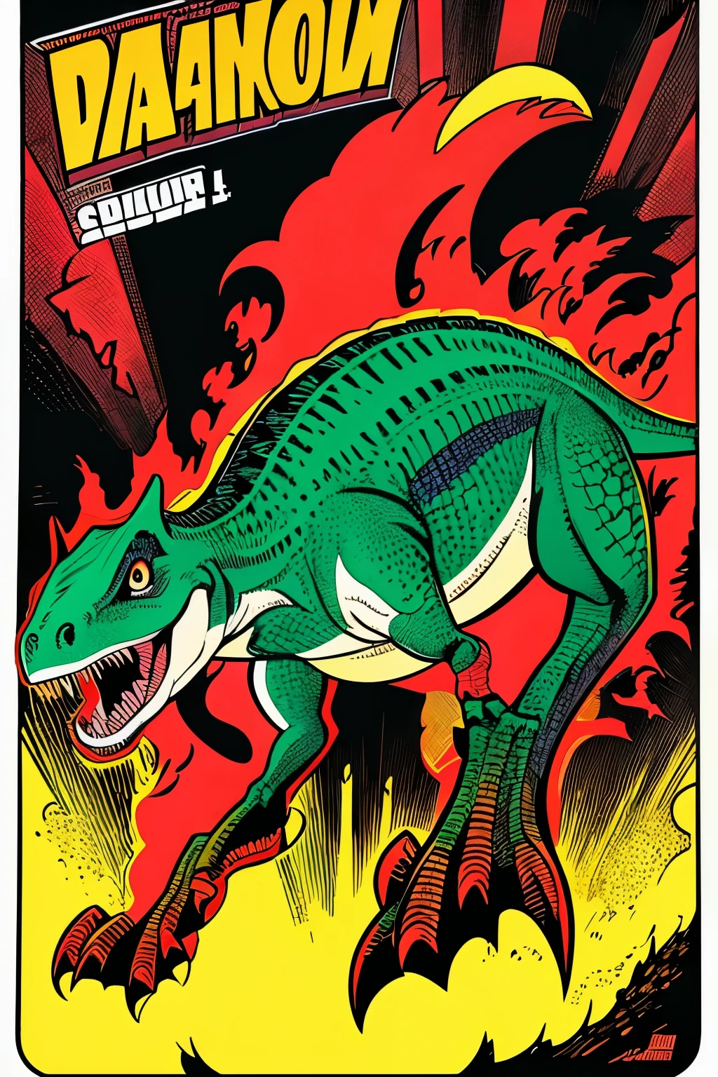 American comic book style Dinosaur like Tyrannosaurus dancing XTER in prominent color on underside of picture