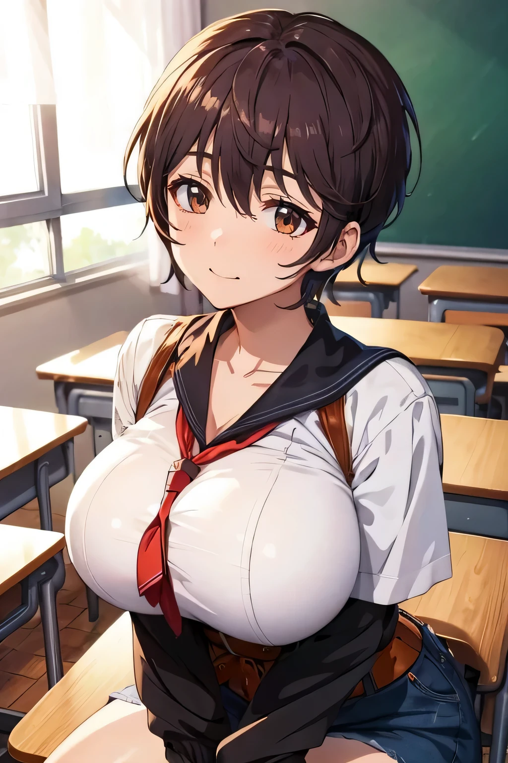 anime girl with big breast in a classroom, seductive anime girl, tits, a hyperRealistic , smooth anime cg art, hyperRealistic , beautiful anime high school girl, Realistic , anime moe artstyle, Big Breasts!, Naughty anime style, anime! 4K, anime! 4k yen, Naughty, [ 4k yen digital art ]!!