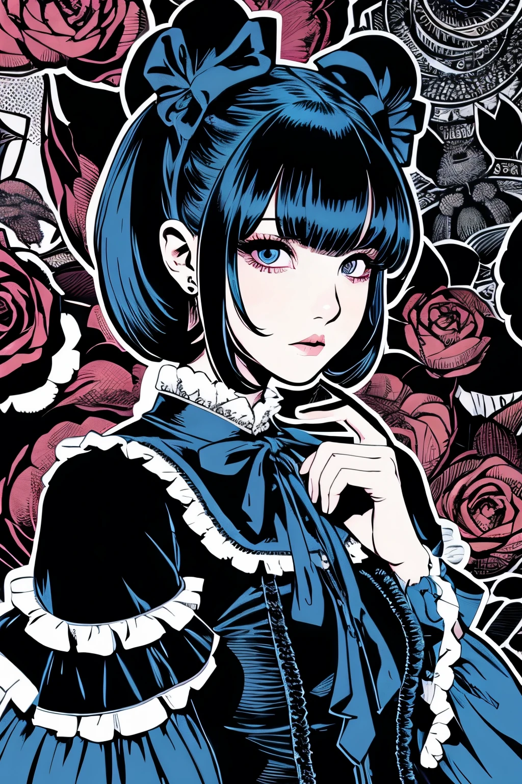 Beautiful Hardcore Illustration homepage illustration style, dark, high resolution, hard touch illustration, strong outline, two girls, gothic & lolita style, gothic & lolita fashion, 8k, American comic style, colorful background, Hiroyuki Nagasaka, aggressive, beautiful face, cool beauty, dress, beauty style, blue color, battle, Hard illustration, blue&pink hear,