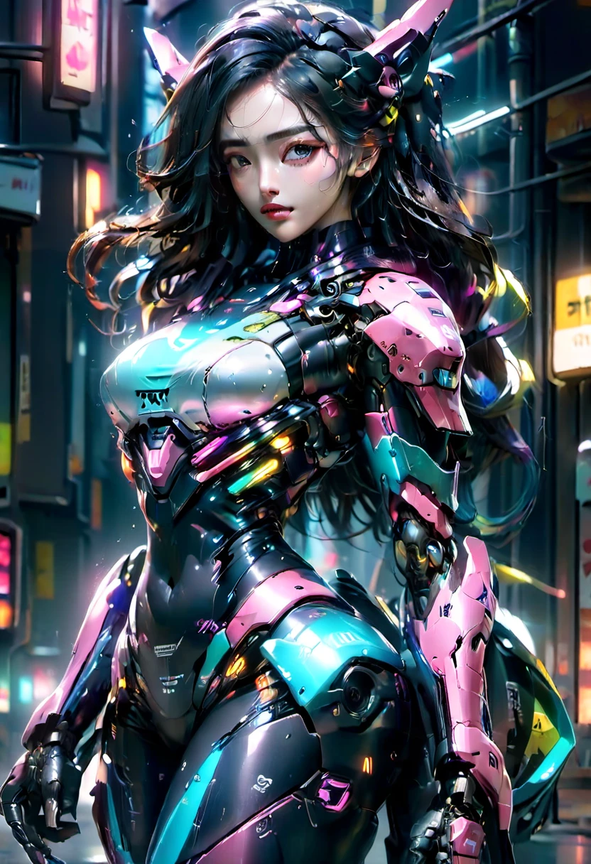 CG 8k hyper realistic detailed cyberpunk style, detailed perfect face, thin curved eyebrows, long luscious eyelashes, black eyeliner, black eye shadow, curved lips, perfect beautiful face, perfect makeup,long luscious wavy hair, perfect body, big curved breast, holographic armor, mecha cyborg arms, mecha cyborg legs, full body portrait, 