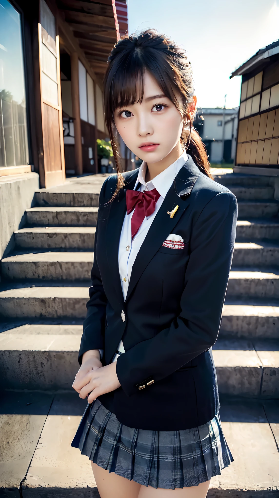 (Beautiful and detailed skin,Perfect Anatomy),At dusk,Sunset sky,,cute,Black Hair,ponytail, full body shot, Beautiful detailed girl, Highly detailed face, Detailed beautiful eyes, ((Japanese Girls, High , School Blazer:1.5)), City stairs、looking up from the bottom of the stairs、Very embarrassed, ((The wind blew up her skirt、Panties can be seen glimpsed:1.5))、Official Art，Highly detailed CG Unity 8k wallpaper, (masterpiece:1.0),(highest quality:1.0), photo shoot, 8k, Browsing Caution, High resolution, Kodak Portrait 400, Film Grain, Lens flare brilliance,View your viewers