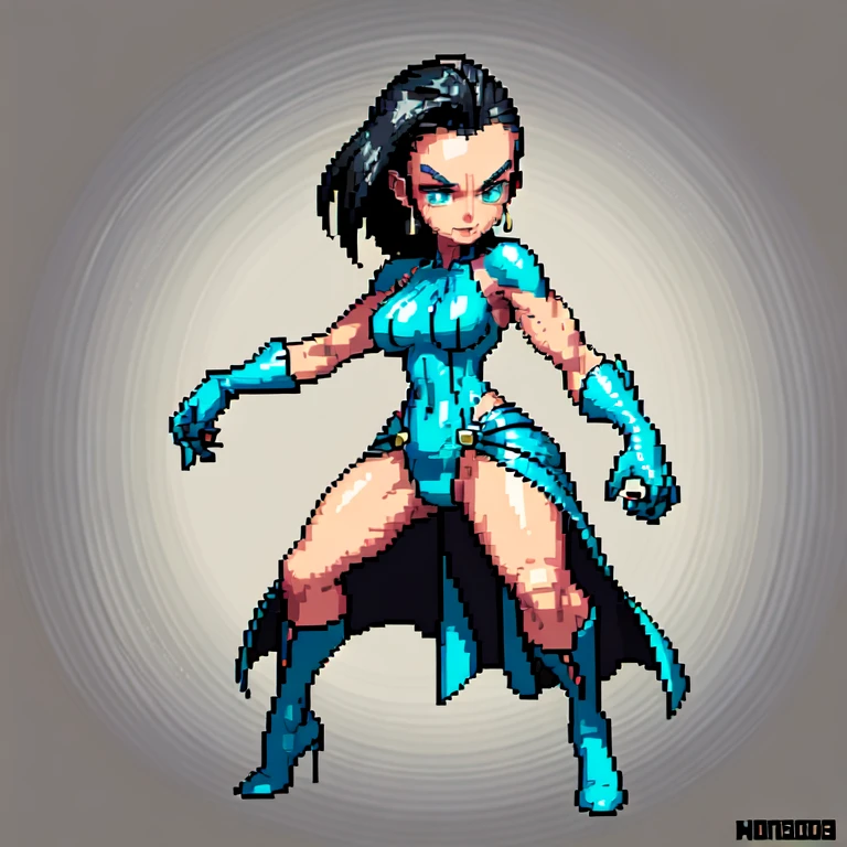 (masterpiece, top quality, best quality), pixel,pixel art,1women,frankenstein monster,black suit,blackhair,punch power,full body, 
 