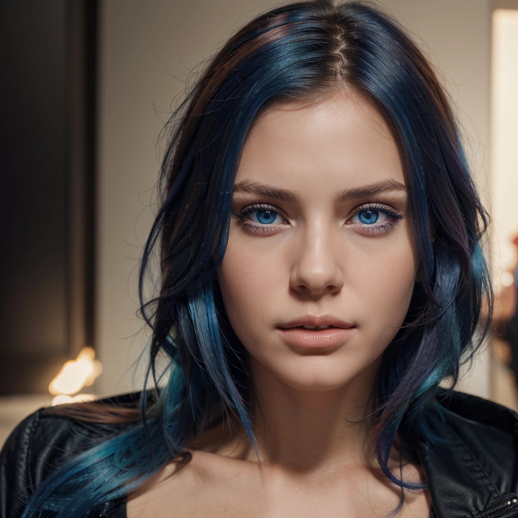 Beautiful girl with blue eyes ,super realistic image high resolution,multicolored hair
