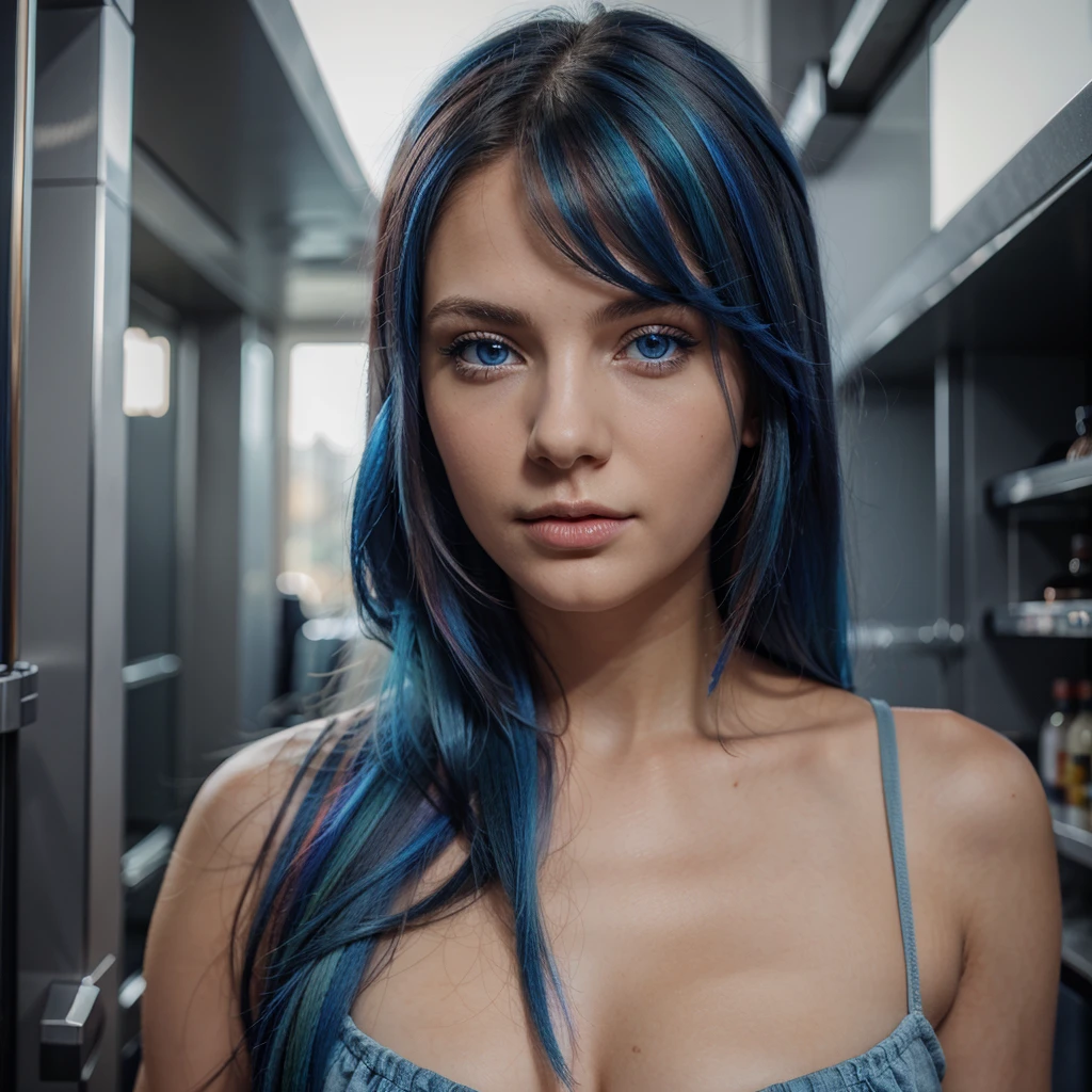 Beautiful girl with blue eyes ,super realistic image high resolution,multicolored hair