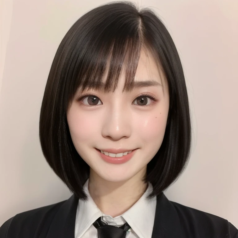 (kawaii 24year-old Japanese girl, Nogizaka idol, Korean idol), (glossy black hair, medium bob cut:1.3), (rounded face, black eyes, single eyelid, no makeup, big laughing:1.2), (wearing light pink collared shirt, necktie:1.3), (flat chest, extra small breasts:0.8), (looking at viewer:1.2), BREAK, (simple white background:1.3), (view from below, portrait, close shot:1.3), BREAK, (masterpiece, best quality, photo realistic, official art:1.4), (UHD, 8K quality wallpaper, high resolution, raw photo, golden ratio:1.2), (shiny skin), professional lighting, physically based rendering, award winning, (perfect anatomy, highly detailed skin, extremely detailed face and eyes), Carl Zeiss 85 mm F/1.4, depth of field, 1girl, solo,