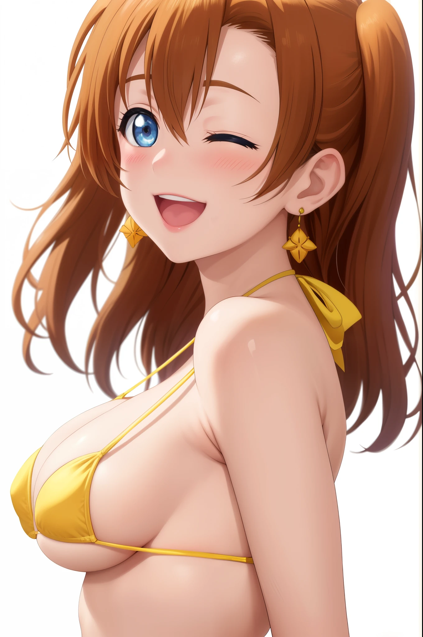 masterpiece, best quality,8k wallpaper,NSFW, slightly from side,blue eyes, upper body,kousaka honoka, breasts , (yellow micro bikini:1.2), white background, solo, earrings , blushing  , smile,:D, one eye closed