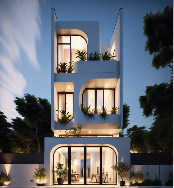 Exterior, morden town house, curve House, 1 road in front of the house, blue sky, dynamic light, best quality, wonder ful, masterpiece
