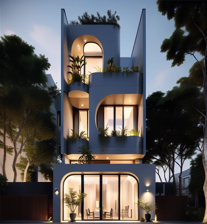 Exterior, morden town house, curve House, 1 road in front of the house, blue sky, dynamic light, best quality, wonder ful, masterpiece