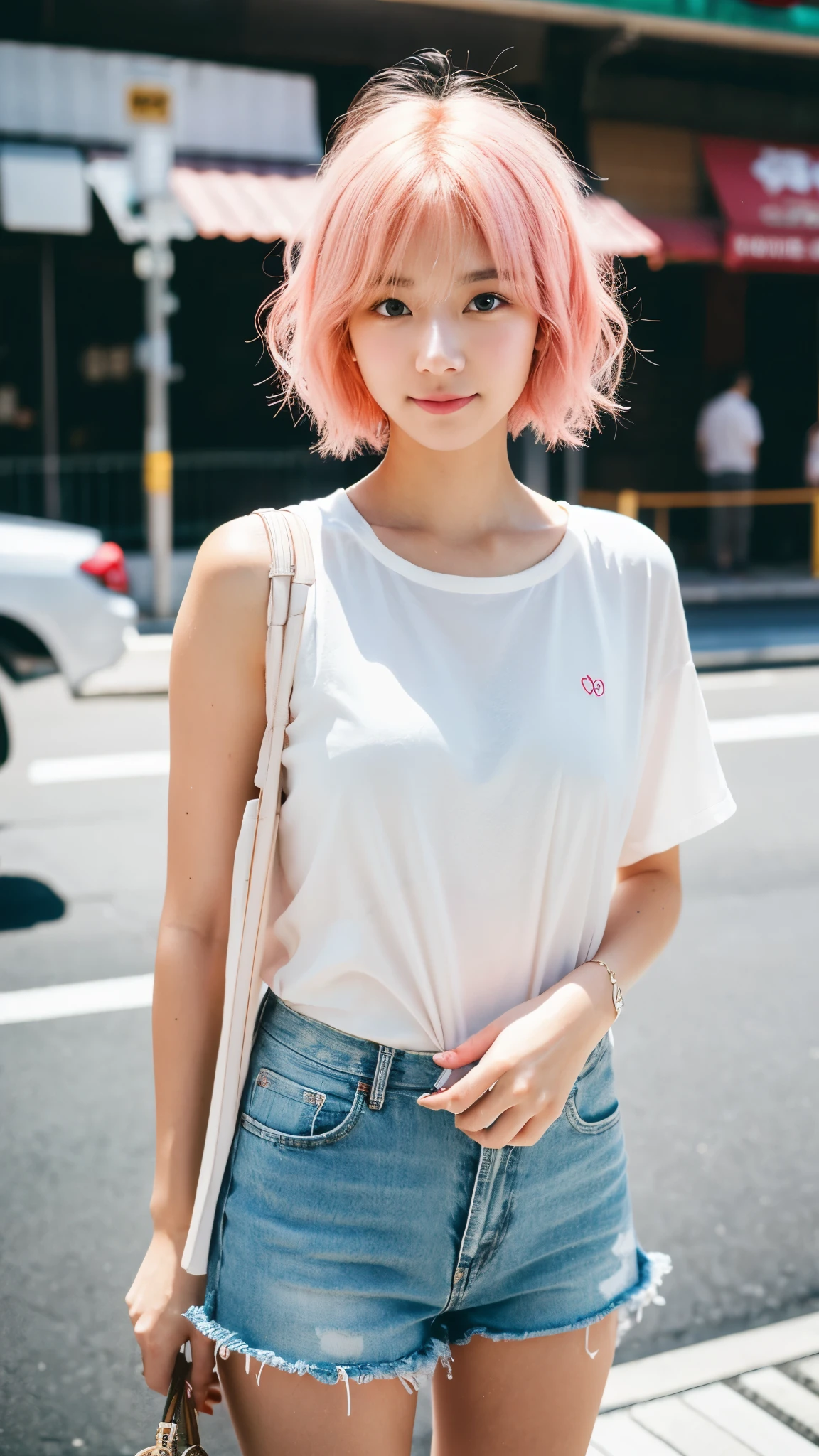 Full body view,(8k, highest quality, masterpiece: 1.2), Super detailed, highest quality, Ultra-high resolution, Depth of written boundary,(Super detailedな,Caustics),(Photorealistic:1.4,RAW shooting,)Ultra-Realistic Capture,(Very detailed,High definition 16K for human skin,The skin texture is natural,Skin appears even-toned and healthy),(Use natural light and colour,One Woman Wide Lighting,Natural Shading),Japanese,1 girl, Beautiful Eyes,short hair,16-year-old girl,cute,cute,Pink Hair,Street fashion,Tokyo Street
