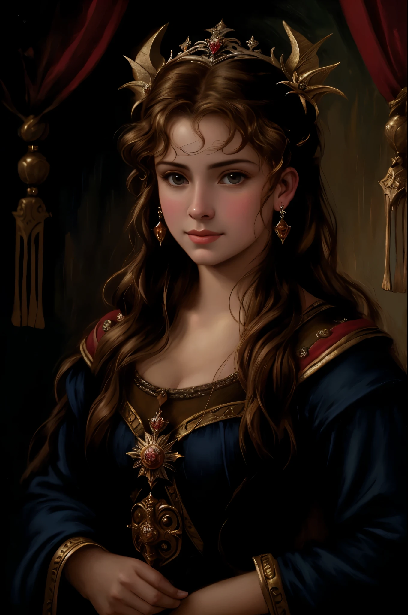 um close up de uma mulher usando uma coroa e um vestido preto, retrato da princesa, retrato de princesa, pintura de retrato de uma princesa, retrato de uma princesa, realistic Retrato renascentista, obra de arte! retrato de arwen, Retrato renascentista, pintura digital renascentista, princess Vulvine oil painting, fantasy genre portrait, retrato medieval, retrato de uma jovem imperatriz, renaissance oil portrait