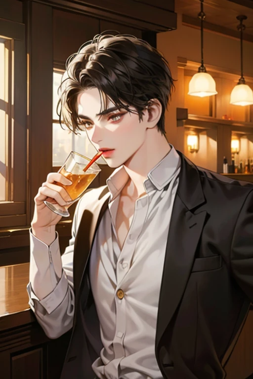 A and sharp focus, in a realistic portrait style with warm colors and soft lighting. (best quality, masterpiece: 1.2), 1 man, teenager, sexy, with black hair, yellow eyes, with red lips with a pale skin tone and dark circles having a drink in a bar, with a serious expression, dressed in clothes autumn, detailed face and sharp focus, portrait style, realistic, Photorealistic: 1.37, warm colors, soft lighting.