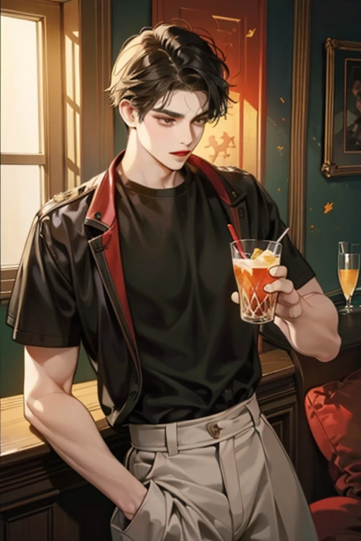 A and sharp focus, in a realistic portrait style with warm colors and soft lighting. (best quality, masterpiece: 1.2), 1 man, teenager, sexy, with black hair, yellow eyes, with red lips with a pale skin tone and dark circles having a drink in a bar, with a serious expression, dressed in clothes autumn, detailed face and sharp focus, portrait style, realistic, Photorealistic: 1.37, warm colors, soft lighting.