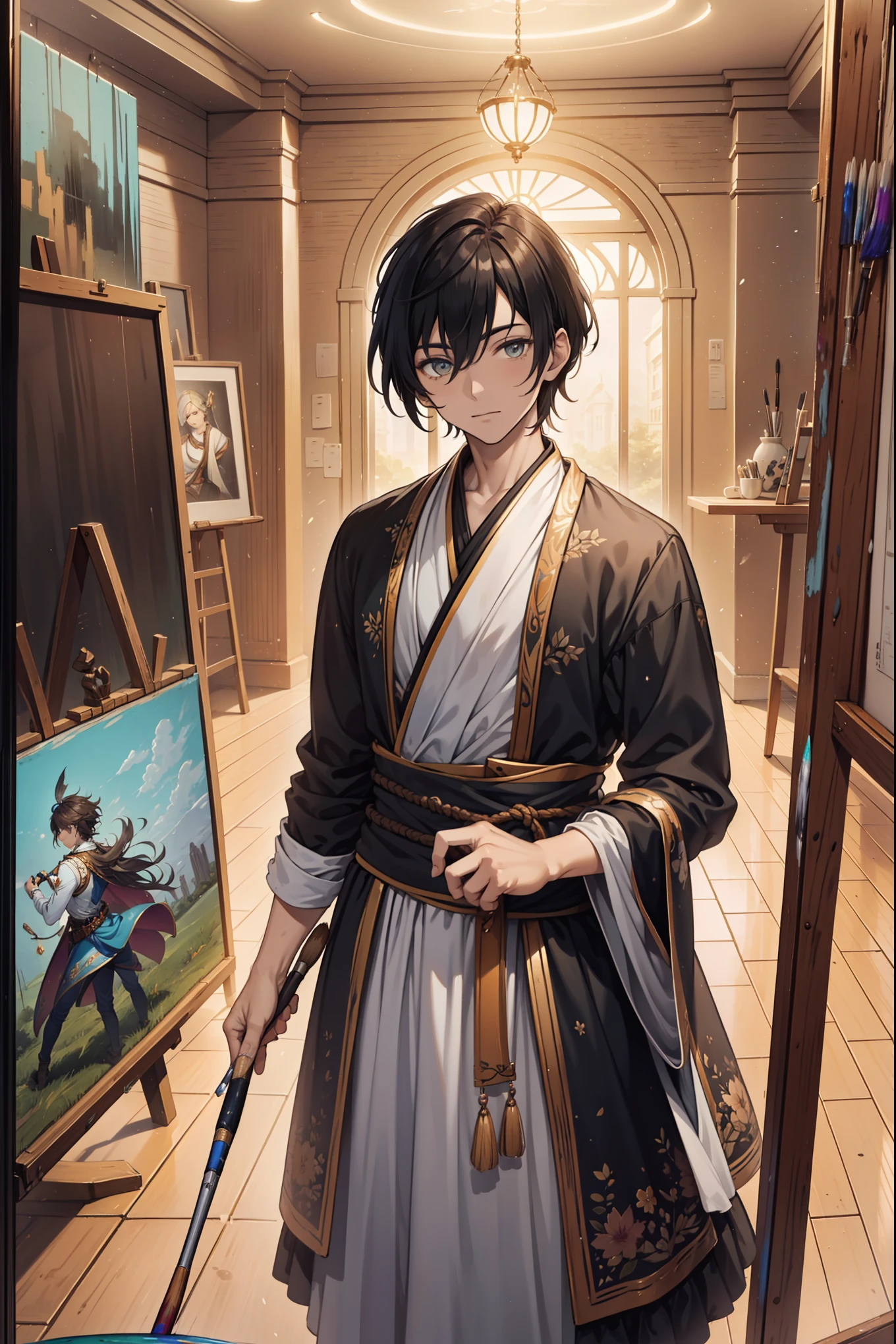 (Best quality, A high resolution, Textured skin, High quality, High details, High details,Extremely detailed CG unity), (male), handsome male, Enchanted,having fun,Being in love,artist in fantasy world, exquisite costumes,solo person,day, Dazzle, male, handsome, (art studio), (in art studio), painting male, more details, detailed art studio scene, art studio detailed, (holding paint brush:1), paint materials, art tools, paint tools everywhere