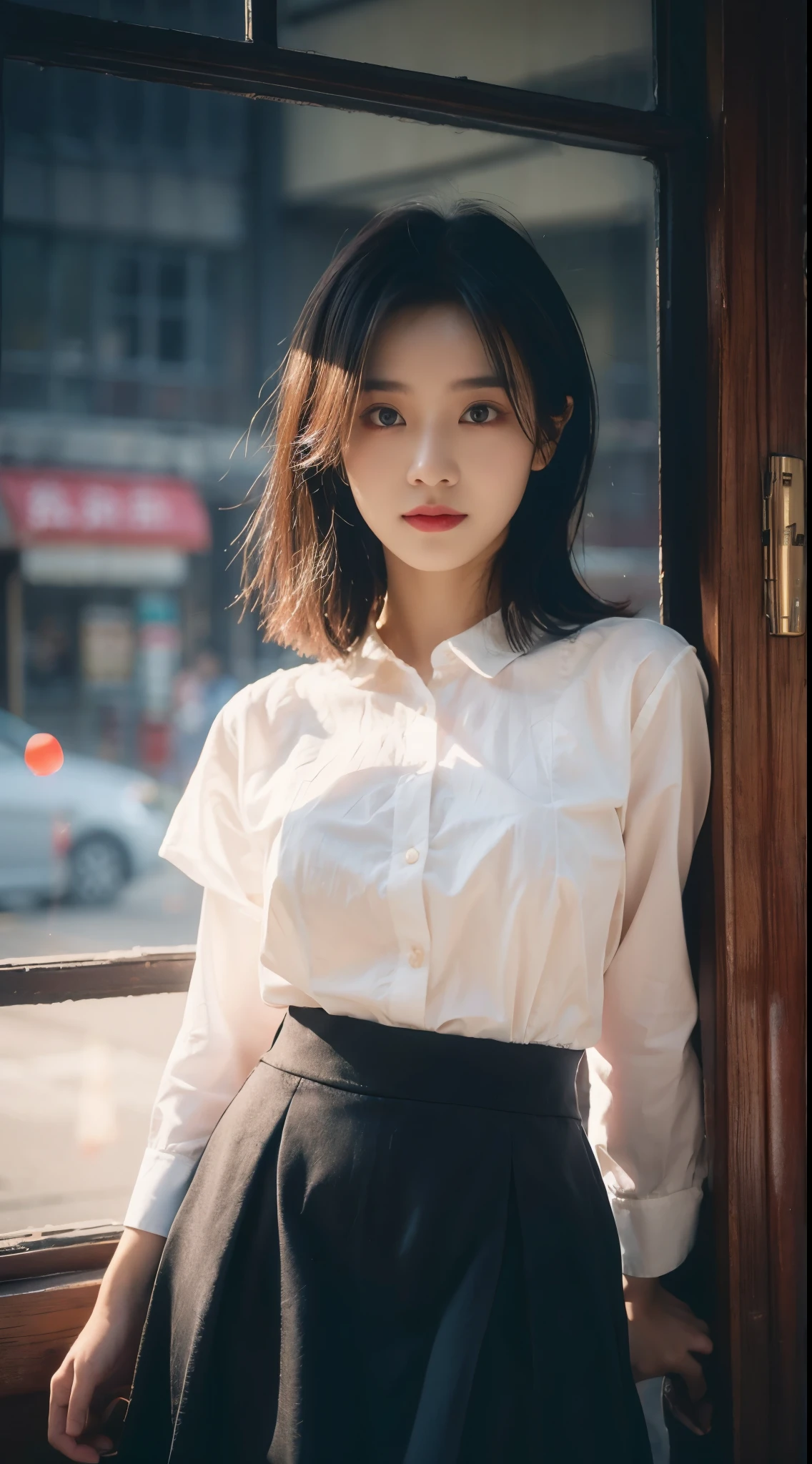 1 sister, black hair color, White skirt, under bust shirt,skirt, Perfect eyes, Perfect hands, Ultra-high resolution, Cinematic angle, Professional lighting, best quality, masterpiece, Side seams, sharp, perfect focus,Corner store,fantastic_One world,(Exquisite eyes:1.3),Realistically,(Glowing skin:1.5),(Ultra-high resolution复杂面部细节皮肤毛孔:1.3),Ultra-high resolution织物纹理,8k Eye Detail,8K primary school students,