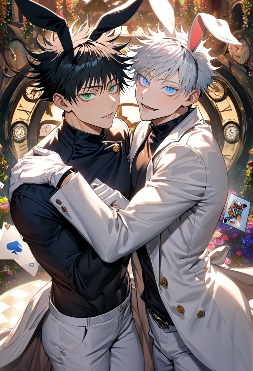 Ultra detailed, highres, absurdres, HDR, Fushiguro Megumi, green eyes, black hair, Gojou Satoru, white hair with bangs, blue eyes, white eyelashes, Jujutsu Kaisen, clock, white gloves, bunny ears, in Wonderland, 2 sexy men together, gay couple, love, handsome, very detailed face and eyes, white long coat, tone chest, heart cards, black tight shirt with patterns, white pants, happy