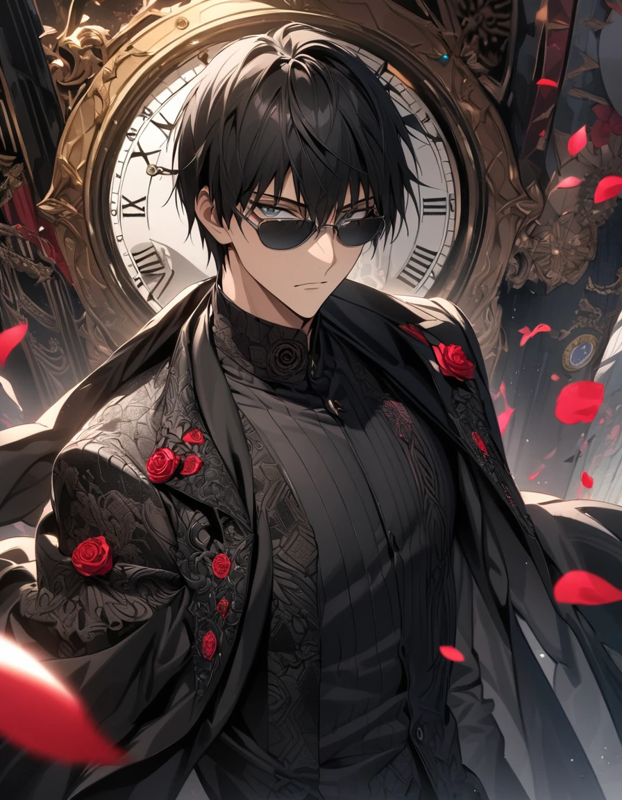 absurdres, highres, ultra detailed, HDR, masterpiece, extremely detailed face and eyes, perfect face, Wolfwood, black straight hair with bangs, expressive grey eyes, black sunglasses, Trigun, solo, sexy man, handsome, black coat, tight black shirt, patterns, pink roses, petals, in woderland, clock