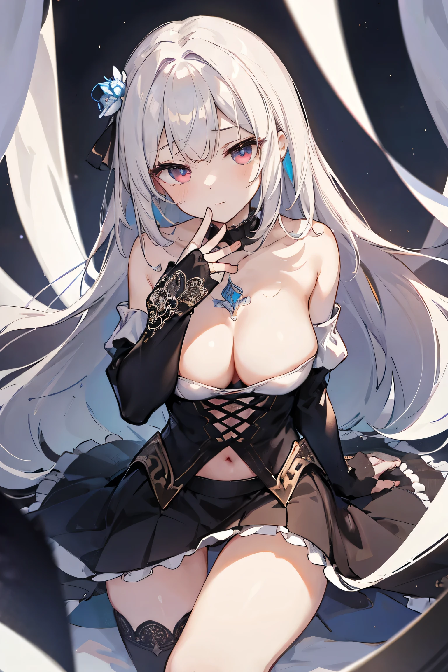 1girl, anime, cute girl, blank background, white background, fantasy, detailed fantasy dress with highlights, beautiful face, beautiful eyes, dark colors, black hair with multicolor streaks, red eye with different color pupil in eye, multicolor eye, medium breasts, slight cleavage, beautiful skin, cute, breast curtains, extremely delicate and beautiful, (beautiful detailed face:1.0), (detailed deep eyes), symmetrical breasts, deep eyes, shiny skin, portrait, slender waist, hips wider than shoulders, thighs, expressionless, young girl, luminous eyes, adorable,(Kpop idol),(aegyo sal:1),(Platinum blonde hair:1),((puffy eye)),Black panty,sexy posture,Superskirt, Ultra-high resolution,Black collar,slim figure, Abdominal y tattoo, womb tattoo,Tight-fitting leg ring,y tattoo on half-body,Bare skin, Armored hand,Hidden fingertips,Hand covered,Arm covered,Fist covered,{{beautiful detailed fingers}}, tufts of hair, moderate beautiful breast:1.0,(masterpiece:1.2), best quality, high-res, HDR, perfect face, intricate armor, delicate blue filigree, intricate filigree, red metalic parts, detailed part, dynamic pose, dynamic lights, cute face, neutral expression