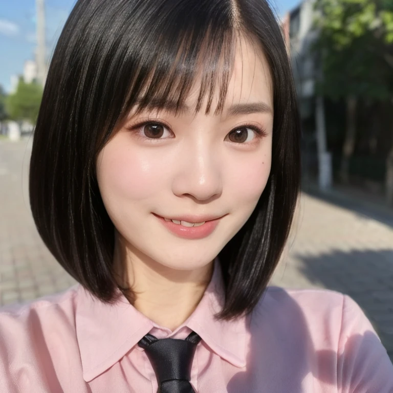 (kawaii 24year-old Japanese girl, Nogizaka idol, Korean idol), (glossy black hair, medium bob cut:1.3), (rounded face, black eyes, single eyelid, no makeup, big laughing:1.2), (wearing light pink collared shirt, necktie:1.3), (flat chest, extra small breasts:0.8), (looking at viewer:1.2), BREAK, (sunny day outside background:1.3), (view from below, portrait, close shot:1.3), BREAK, (masterpiece, best quality, photo realistic, official art:1.4), (UHD, 8K quality wallpaper, high resolution, raw photo, golden ratio:1.2), (shiny skin), professional lighting, physically based rendering, award winning, (perfect anatomy, highly detailed skin, extremely detailed face and eyes), Carl Zeiss 85 mm F/1.4, depth of field, 1girl, solo,