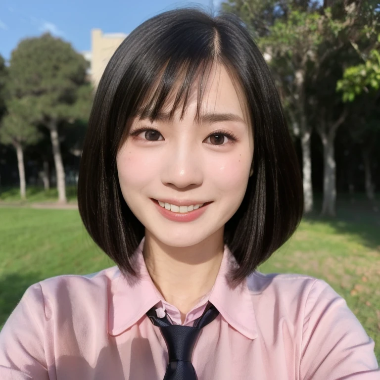 (kawaii 24year-old Japanese girl, Nogizaka idol, Korean idol), (glossy black hair, medium bob cut:1.3), (rounded face, black eyes, single eyelid, no makeup, big laughing:1.2), (wearing light pink collared shirt, necktie:1.3), (flat chest, extra small breasts:0.8), (looking at viewer:1.2), BREAK, (sunny day outside background:1.3), (view from below, portrait, close shot:1.3), BREAK, (masterpiece, best quality, photo realistic, official art:1.4), (UHD, 8K quality wallpaper, high resolution, raw photo, golden ratio:1.2), (shiny skin), professional lighting, physically based rendering, award winning, (perfect anatomy, highly detailed skin, extremely detailed face and eyes), Carl Zeiss 85 mm F/1.4, depth of field, 1girl, solo,