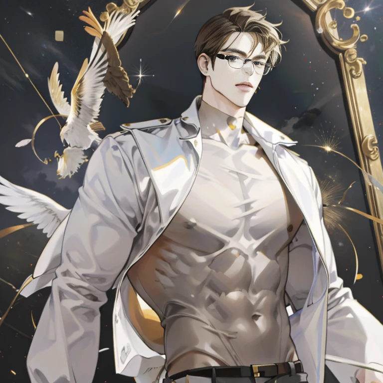 Mature male wearing golden glasses,vestindo ternos pretos,cabelo branco prateado,ombros largos,grande alto,The dorsal side is dark brown