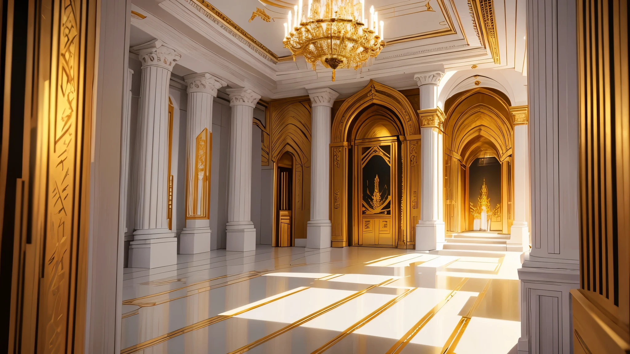 Masterpiece, best quality, 8k, impressive camera. The atmosphere of the chamber was filled with white light, which reflected off the gold-adorned walls, creating a magical and enchanting atmosphere.