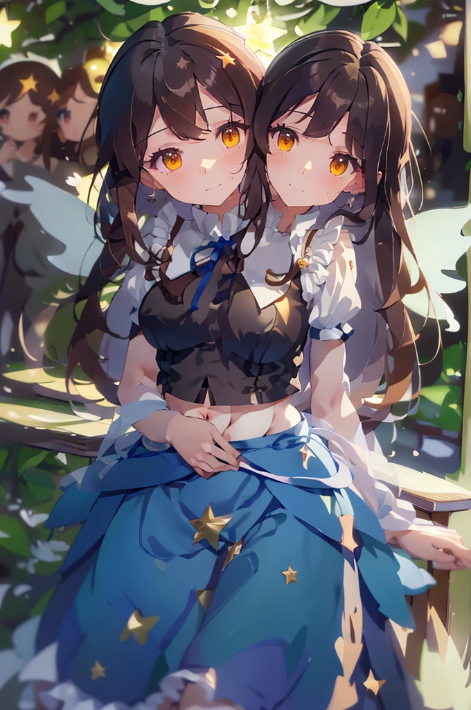 (masterpiece, best quality), best quality, (ultra-detailed), (3heads:1.5), 1girl, (star sapphire:1.3), masterpiece, best quality, ultra quality, ultra resolution, ultra detail, white top, crop top, ((stomach)), midriff, ((groin)), open midriff, white and blue skirt, miniskirt, normal ears, shackles, dark brown hair, very long hair, wavy hair, sidelocks, yellow eyes, detailed eyes, parted lips, fairy wings, sweat, cute, open belly, toned belly, hand on own chest, eyelashes, (24 year old woman:1.3), (masterpiece:1.5), (best quality:1.5), (beautiful detailed), extremely detailed CG, extremely delicate and beautiful, depth of field, (finely detailed face), (perfect details:1.2), (mature female:1.3), wide pelvis, slender, large veiny breast, 16k resolution, highres, high quality, high definition, extremely detailed, masterpiece, dark brown hair, long hair, alluring presence, braid, short skirt, miniskirt, close up, big , young, blue ribbon attached to the hair, butterfly-shaped wings, open belly, midriff, nsfw, bare stomach,