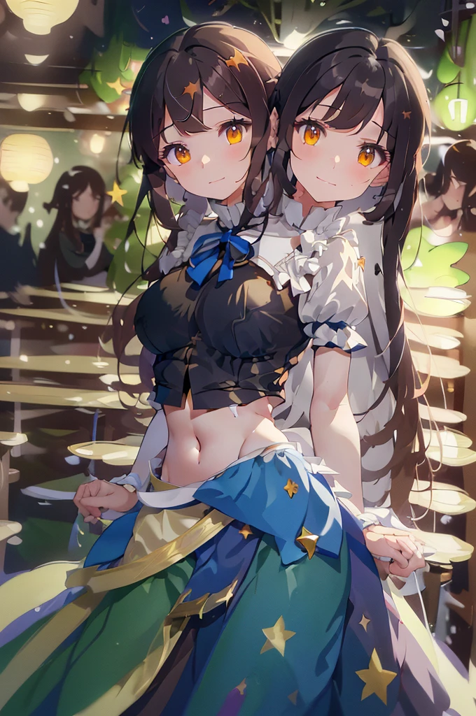 (masterpiece, best quality), best quality, (ultra-detailed), (3heads:1.5), 1girl, (star sapphire:1.3), masterpiece, best quality, ultra quality, ultra resolution, ultra detail, white top, crop top, ((stomach)), midriff, ((groin)), open midriff, white and blue skirt, miniskirt, normal ears, shackles, dark brown hair, very long hair, wavy hair, sidelocks, yellow eyes, detailed eyes, parted lips, fairy wings, sweat, cute, open belly, toned belly, hand on own chest, eyelashes, (24 year old woman:1.3), (masterpiece:1.5), (best quality:1.5), (beautiful detailed), extremely detailed CG, extremely delicate and beautiful, depth of field, (finely detailed face), (perfect details:1.2), (mature female:1.3), wide pelvis, slender, large veiny breast, 16k resolution, highres, high quality, high definition, extremely detailed, masterpiece, dark brown hair, long hair, alluring presence, braid, short skirt, miniskirt, close up, big , young, blue ribbon attached to the hair, butterfly-shaped wings, open belly, midriff, nsfw, bare stomach,