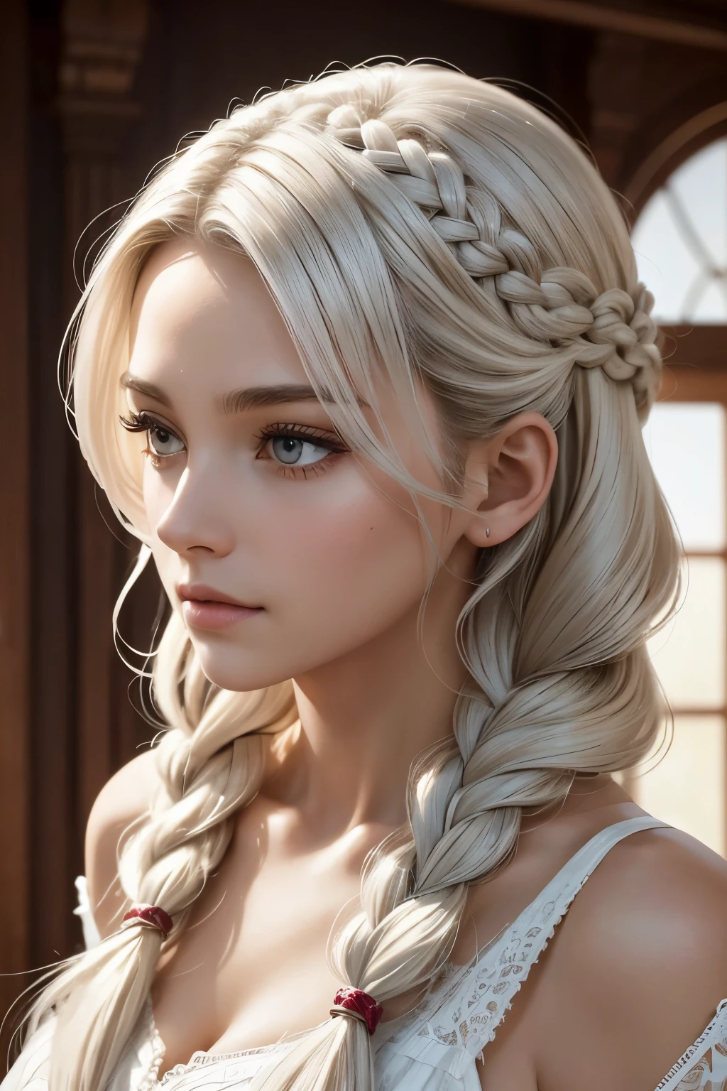 highest quality, high resolution, masterpiece, Gray Hair, Golden Eyes, White clothes, look up, Upper Body, hair, Fair skin, Side braid, Dirty Body　Upper Body　Sweaty　Big Breasts　Expose　Fluid from nipples　Reverse Rape　Slimy　saliva　Urinating　Watching the audience　Attractive body　Muscular　high school girl