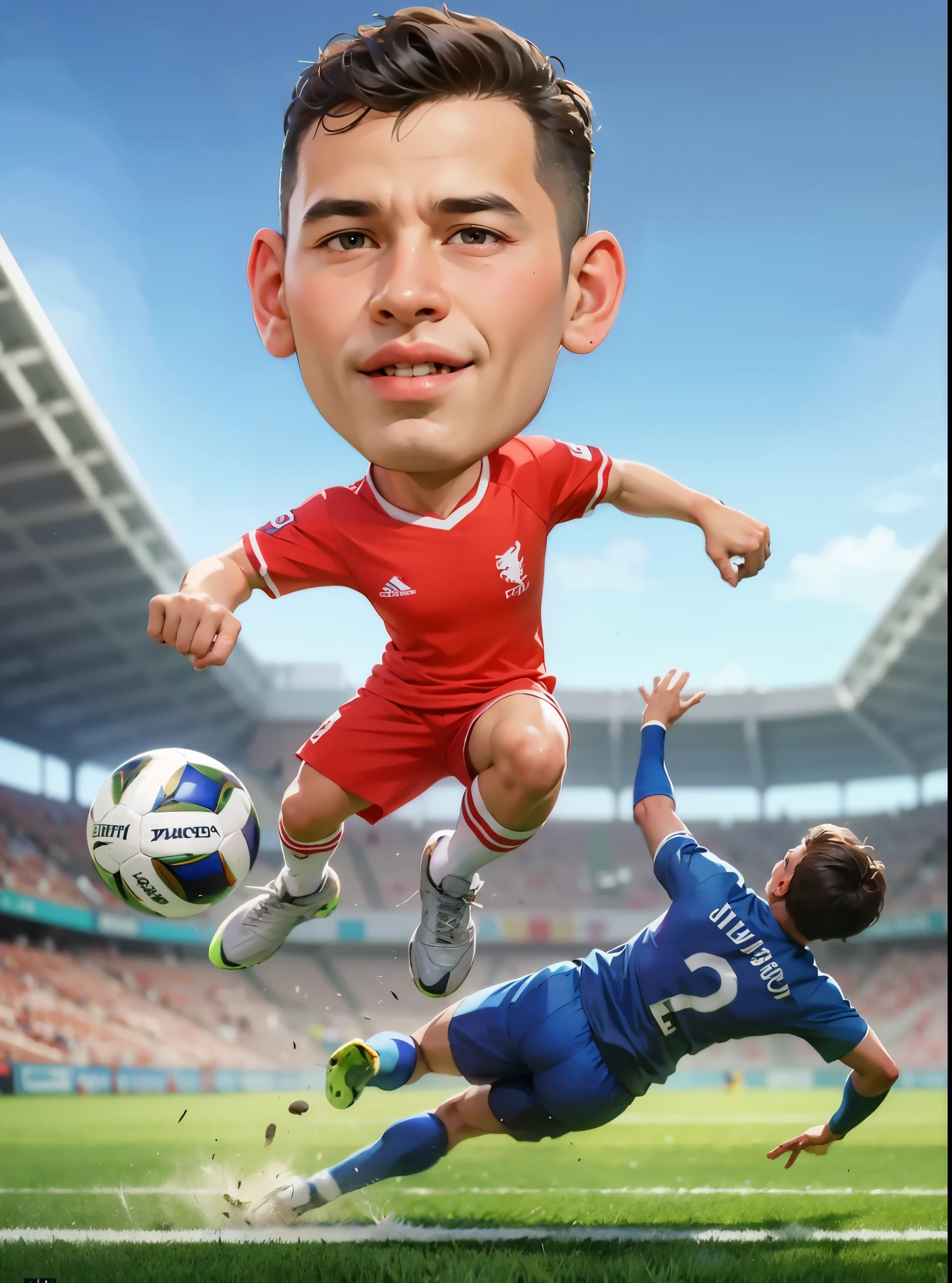 cartoon soccer player in red and white uniform jumping to catch a soccer ball, caricature illustration, caricature style, caricature, toon rendering, by Abidin Dino, inspired by Kaff Gerrard, caricature!!!, soccer player, fanart, realistic cartoon, in cartoon style, big head, charicature, mohamed chahin style, official fanart