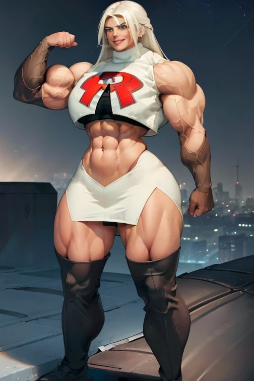 (((((Massive tall, beautiful, buff, brown skinned muscular goddess woman with white hair, ginormous bulky muscles and wearing a sleeveless team rocket uniform with skirt))))), close view, (massive muscles), massive biceps, hyper muscle shoulders, (ginormous muscular arms), vascular shoulders, hyper muscle triceps, (long hair), blue eyes, choker, black thigh high boots, (on the rooftop), confidant smile, night, hyper vascular arm, hyper muscles arms, hyper muscle legs, (ginormous arms).