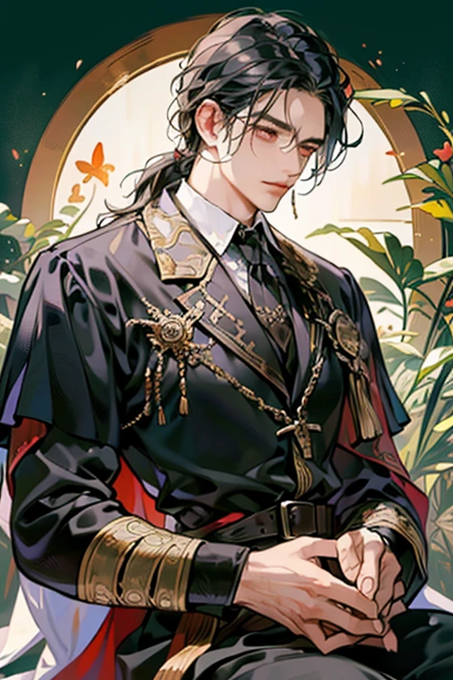 (melhor qualidade,adulto,1 homem,maduro,muito alto,elegante,cabelo ruivo curto,olhos escuros,bohemian style medieval clothing,fundo medieval de fantasia,soft lighting,erudito)