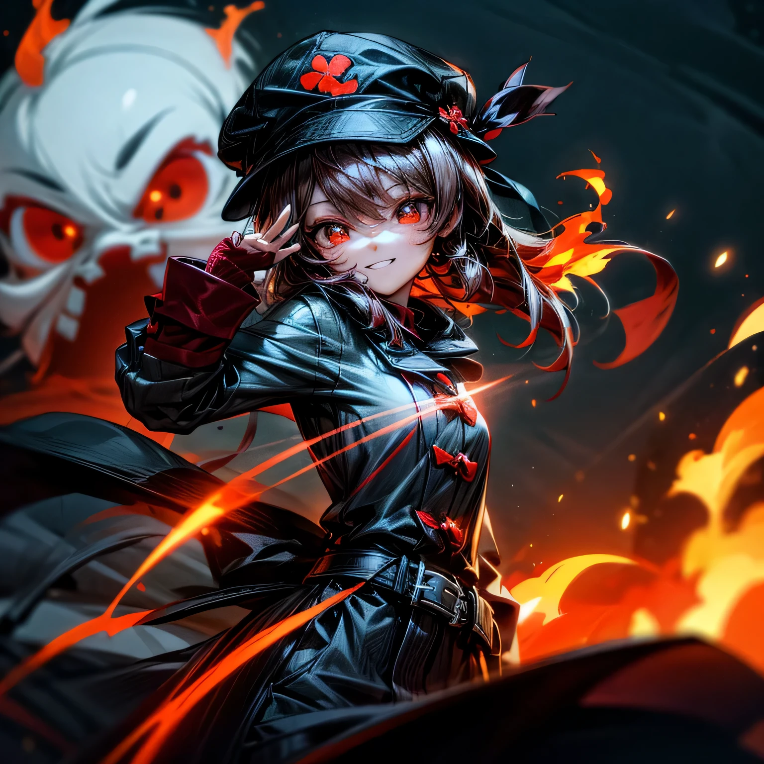 Cute, hd, anime, with pyro (fire) power and her ghost,  night, with filter, zoom, beautiful red flower eyes, brown hair, cool, smile, wear hat