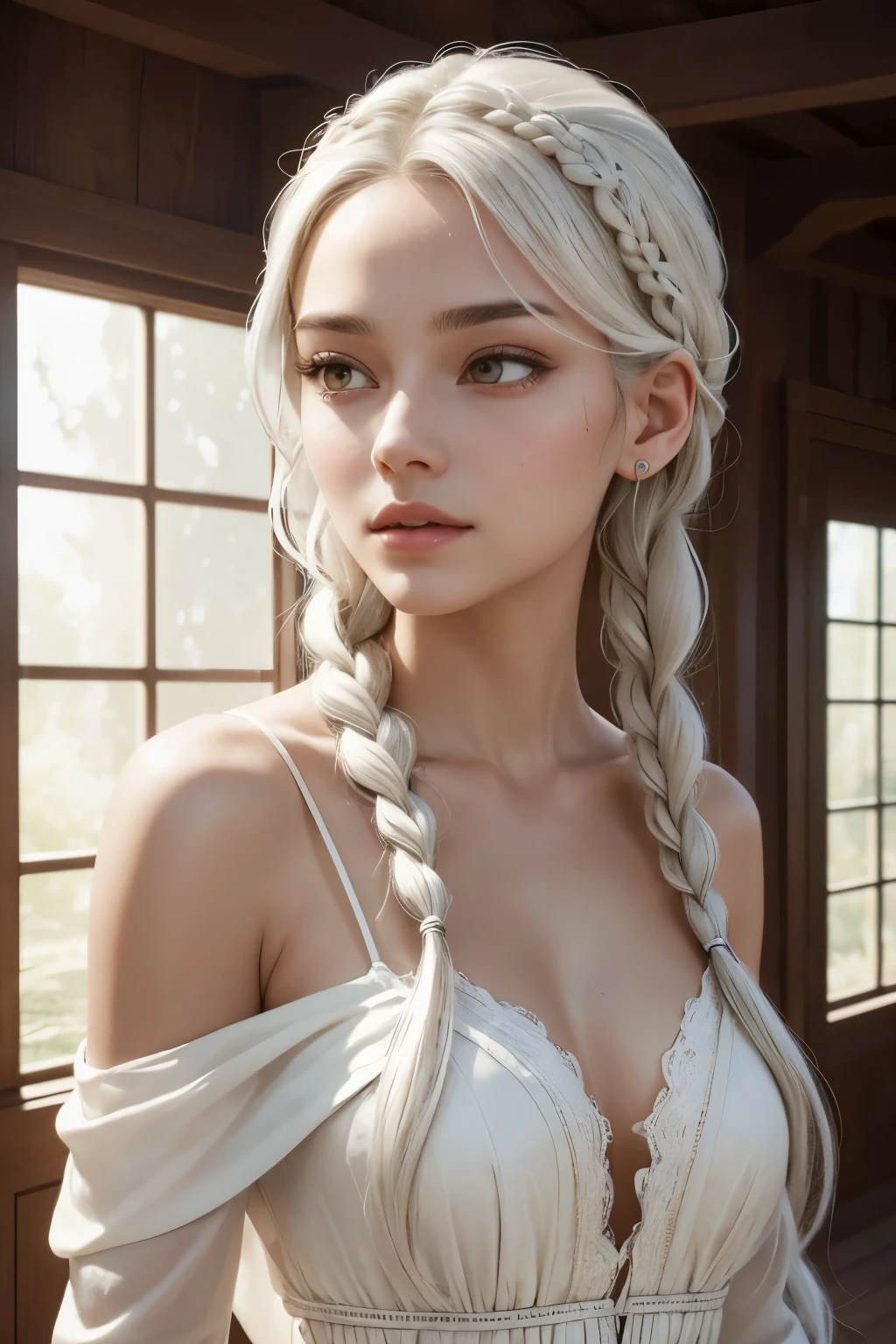In this captivating masterpiece, a woman with white hair cascades down her shoulders in soft waves, framing her striking brown eyes that gleam with intelligence and mystery. She stands in the soft, warm light of a room, dressed in pristine white clothes that cling to her upper body, revealing the delicate details of her slender form. As she looks up towards the ceiling, a single hair strand drifts gracefully across her forehead, contrasting against her fair skin. The side braids on her head are intricately braided, adding to the lifelike realism of this photograph. With a sense of photorealism that transports you into the scene, every detail is captured in 