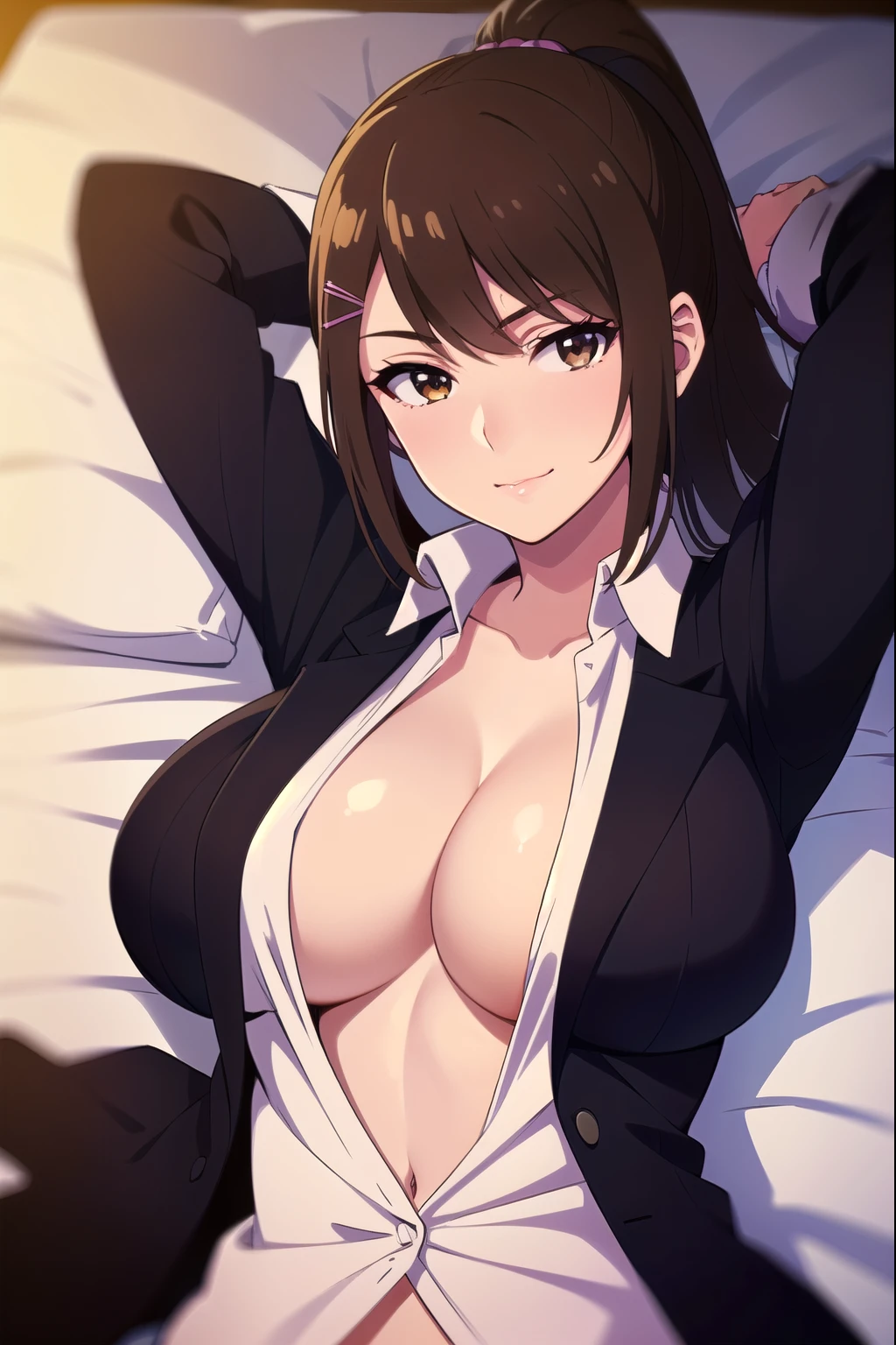 highest quality, masterpiece, High resolution, 1 girl, sae chabashira, (30 year old adult woman:1.5), (Upper Body), Long Hair, (black髪:1.5), (hair ornaments), (Brown eyes:1.5), ponytail, (Hair Clip), clavicle, (black_Jacket:1.5), (White shirt:1.5), (Detailed and beautiful eyes:1.6), Highly detailed face, Perfect lighting, Extremely detailed CG, (Perfect hands:1.5), (smile), (blush), big, (White shirt:1.5), (開けたJacket:1.5), (Open shirt:1.5), (big breasts:1.5), bedroom, (Lying in bed:1.5), (Arms behind head, Underarm:1.5), Glowing Skin, Sweating, White Body, (blackいブラジャー:1.5)