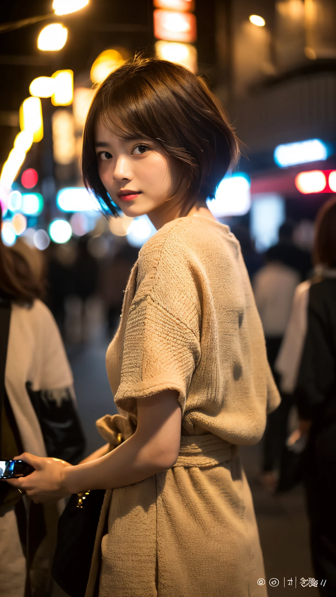 Full body view,(8k, highest quality, masterpiece: 1.2), Super detailed, highest quality, Ultra-high resolution, Depth of written boundary,(Super detailedな,Caustics),(Photorealistic:1.4,RAW shooting,)Ultra-Realistic Capture,(Very detailed,High definition 16K for human skin,The skin texture is natural,Skin appears even-toned and healthy),(Use natural light and colour,One Woman Wide Lighting,Natural Shading),Japanese,1 girl, Beautiful Eyes,short hair,14-year-old girl,cute,cute,brown hair,Street fashion,Tokyo Street,(Night lights:1.4)