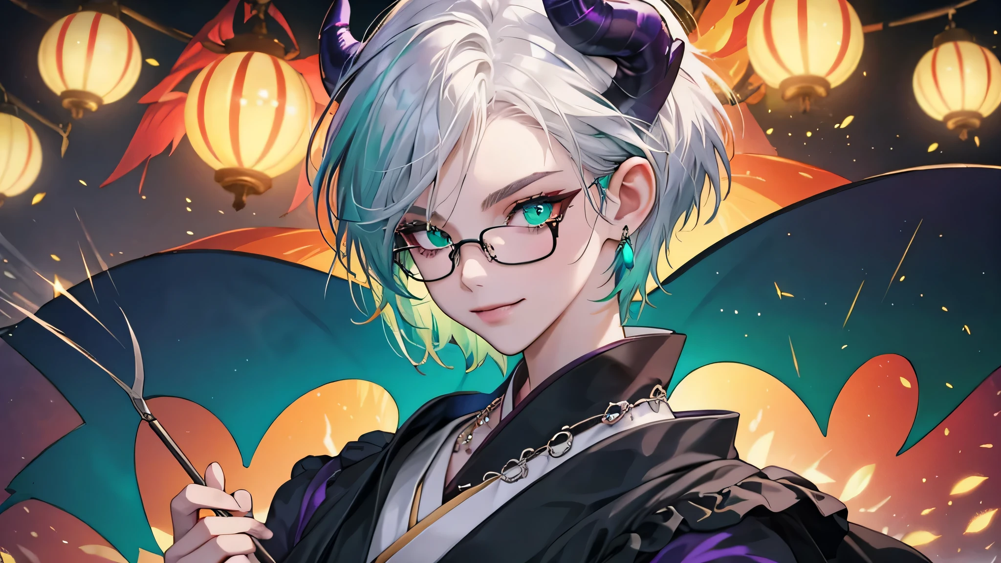 8k, masterpiece, best quality, highly detailed, 1girl, tiefling, multicolored hair, very short straight hair green highlight hair on white hair, strippled hair, wearing glasses, earrings, necklace, mole, glowing green eyes, glamorous, holding fan, fireflies, purple and teal, japanese, villainy, smirk, majestic pose, close ups view, rings, looking at viewer, demon horns, standing, kimono, festival, fireworks.