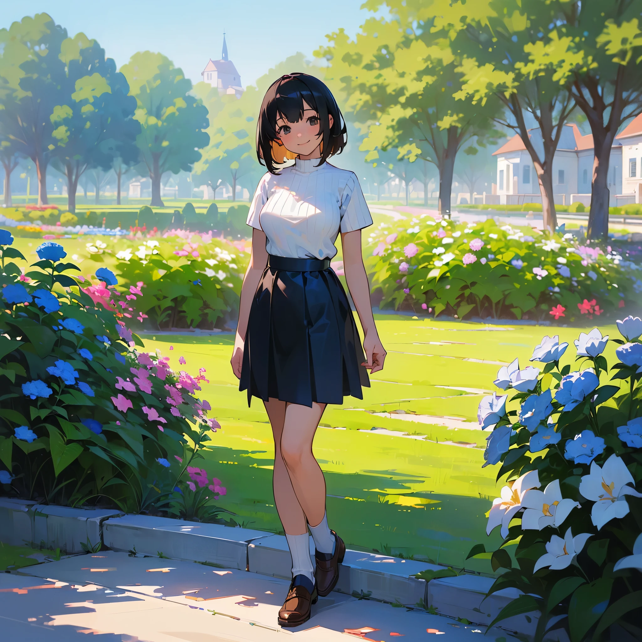 (high quality, High resolution, Very detailed, reality:1.37), Peaceful atmosphere, (Outdoor, garden), teenage girl standing alone, (my breasts are big.), Beautiful detail features, Cute Smile, (Black bob hair), Short sleeve ribbed sweater, Blue Skirt, White socks, Brown leather shoes.