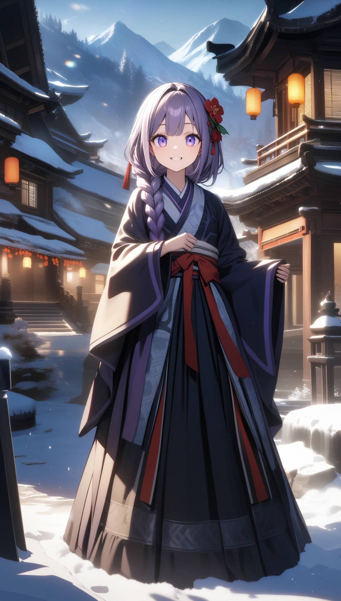 32k, best quality, ultra high res, HDR, UHD, extremely detailed CG, unity 32k wallpaper, Bright Purple Taoist Robe, hanfu long skirt, Big eyes, A masterpiece, an absolute beauty, 1 female, close. close, Healing Smile, Snow Scene, 4K quality, Twisted braid, princess hair style princess cut, simple hair accessories, Plum blossom, people々Once you see it, you can't forget its beauty.,