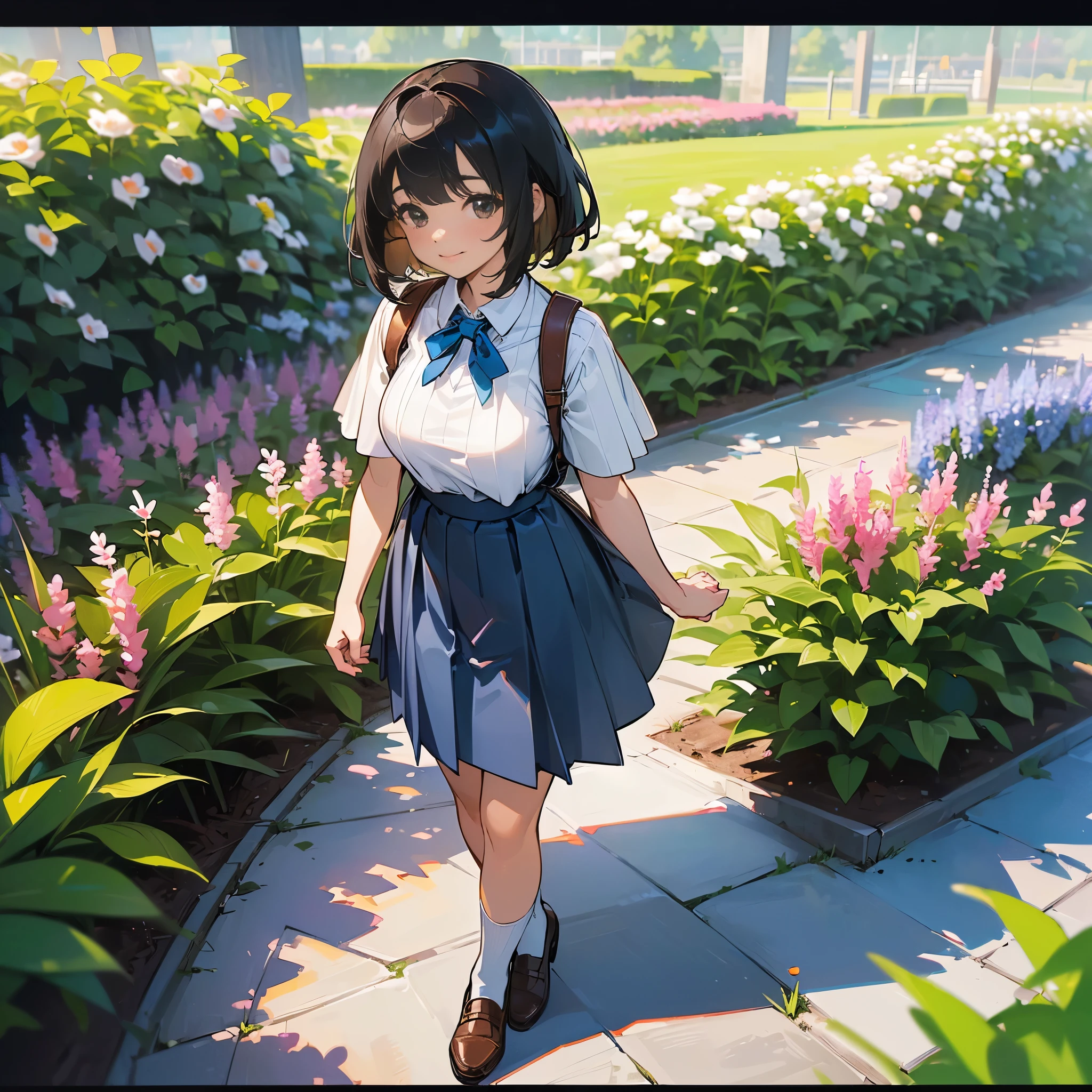 (high quality, High resolution, Very detailed, reality:1.37), Peaceful atmosphere, (Outdoor, garden), teenage girl standing alone, (my breasts are big.), Beautiful detail features, Cute Smile, (Black bob hair), Short sleeve ribbed sweater, Blue Skirt, White socks, Brown leather shoes.