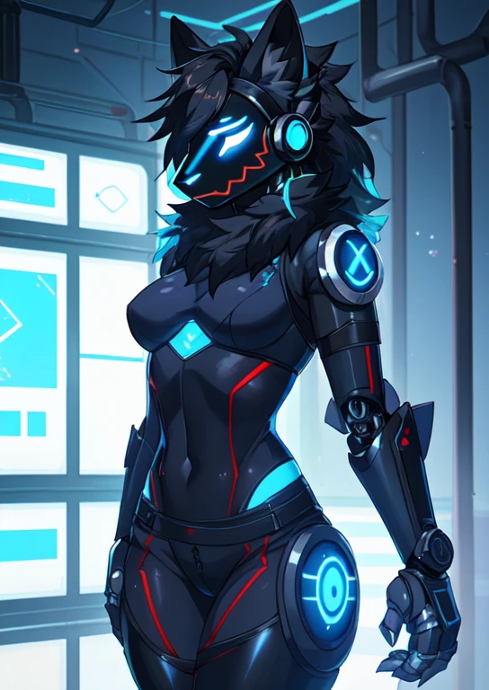 Solo, a red and black protogen, female, intricately designed cybernetic implants, tall, skinny, thick thighs, standing in a dark laboratory, illuminated body parts, by hyattlen, by fumiko, by claweddrip, posing seductively, realistic