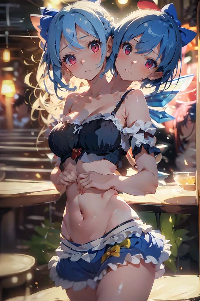 (masterpiece, best quality),best quality, (ultra-detailed), (3heads:1.5), 1girl, (cirno:1.3), masterpiece, best quality, ultra quality, ultra resolution, ultra detail, light blue top, crop top, ((stomach)), midriff, ((groin)), blue skirt, normal ears, shackles, light blue hair, very long hair, wavy hair, sidelocks, red eyes, parted lips, very detailed eyes, sweat, cute, toned belly, hand on own chest, eyelashes, (23 year old woman:1.3), (masterpiece:1.5), (best quality:1.5), (beautiful detailed), extremely detailed CG, extremely delicate and beautiful, depth of field, (finely detailed face), (perfect details:1.2), (mature female:1.3), wide pelvis, slender, large veiny breast, 16k resolution, highres, very high quality, very high definition, extremely detailed, masterpiece, blue hair, long hair, alluring presence, braid, short skirt, close up, big tits, young, ice wings, blue bow,