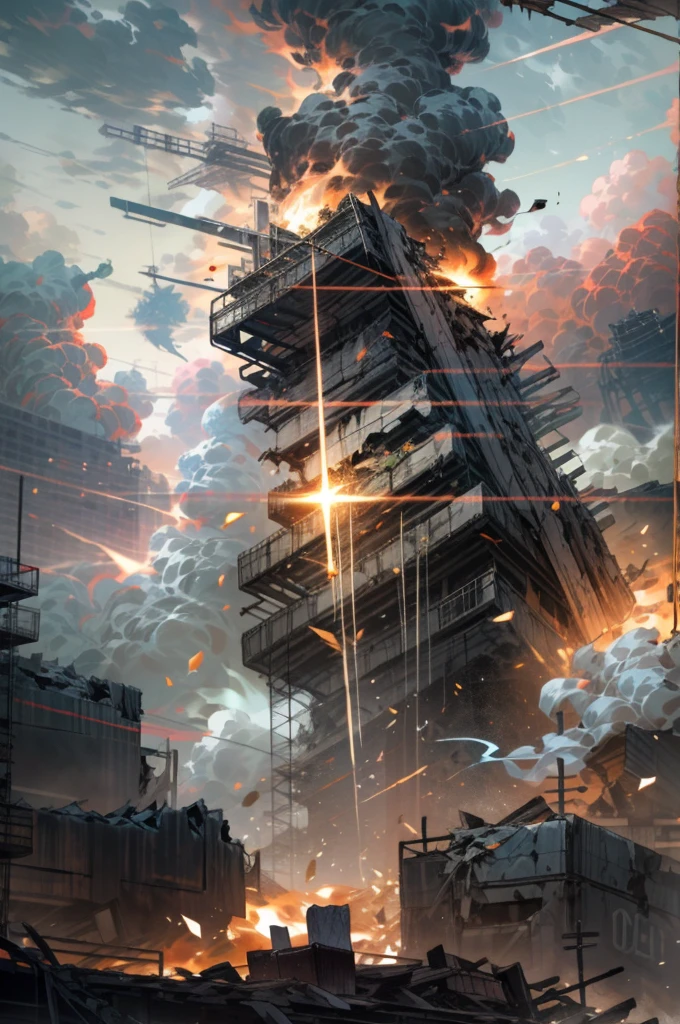 Skysky，​​clouds，Holding_arma，with light glowing，The wreckage of the robot，firey，smoke of gunpowder，buliding，collapse，Glowing_Eyeecha，scientific fiction，The end of the world，City，Realistiecha