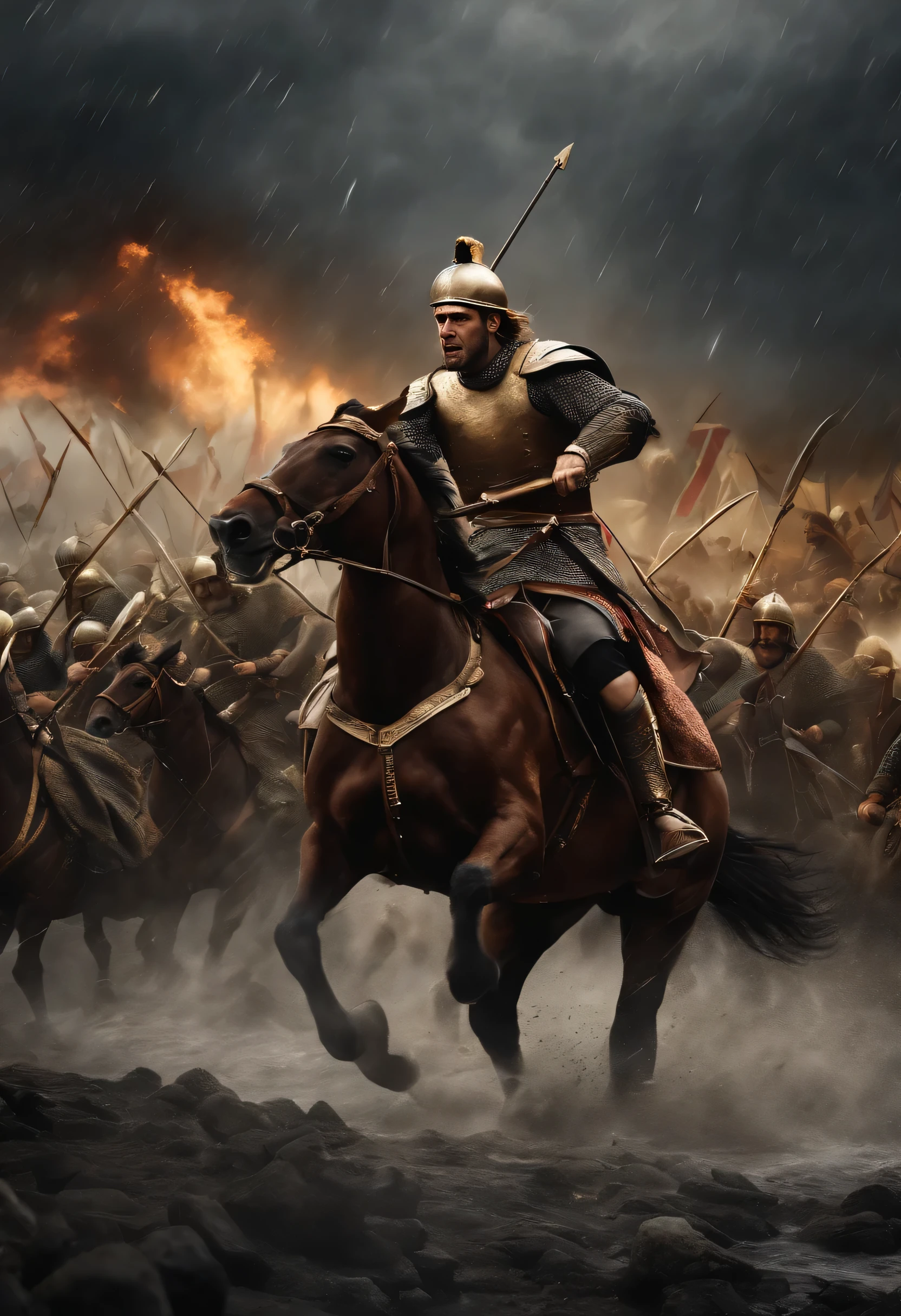 (extremely detailed and realistic style), Khalid ibn al-Walid in ancient arab battle armor, celebrated by his soldiers,(victorious cheers+triumphant shouting:1.2+roaring applause+countless hands raised+people ecstatically cheering:1.3), battlefield setting, (swords raised, troops marching:1.2+unbridled war fever+ bodies strewn amidst the madness), an epic display of courage, strength, and valor, all captured in vivid and dynamic detail.