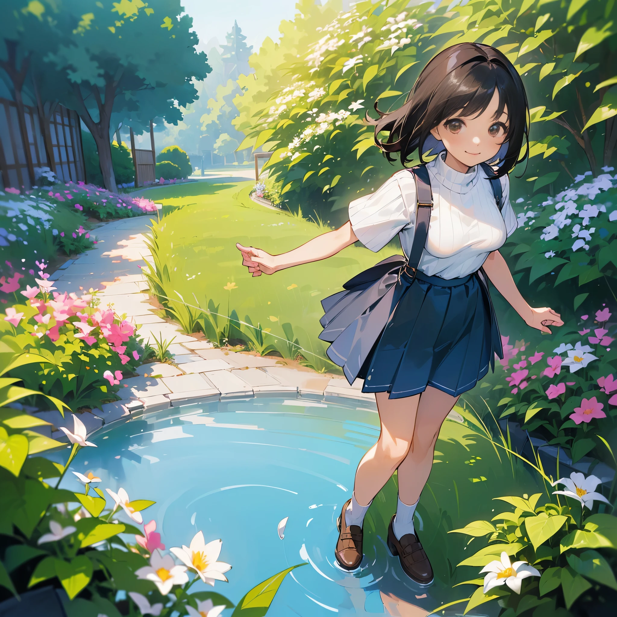 Anime girl in a blue skirt and white shirt walking through a pond ...