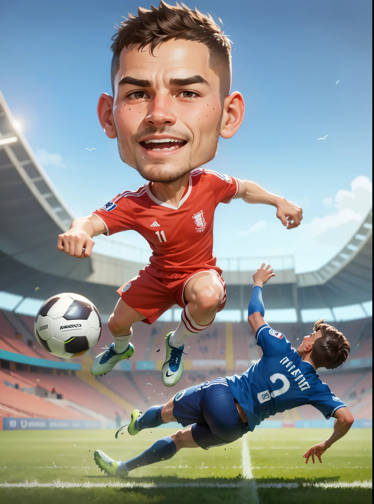cartoon soccer player in red and white uniform jumping to catch a soccer ball, caricature illustration, caricature style, caricature, toon rendering, by Abidin Dino, inspired by Kaff Gerrard, caricature!!!, soccer player, fanart, realistic cartoon, in cartoon style, big head, charicature, mohamed chahin style, official fanart